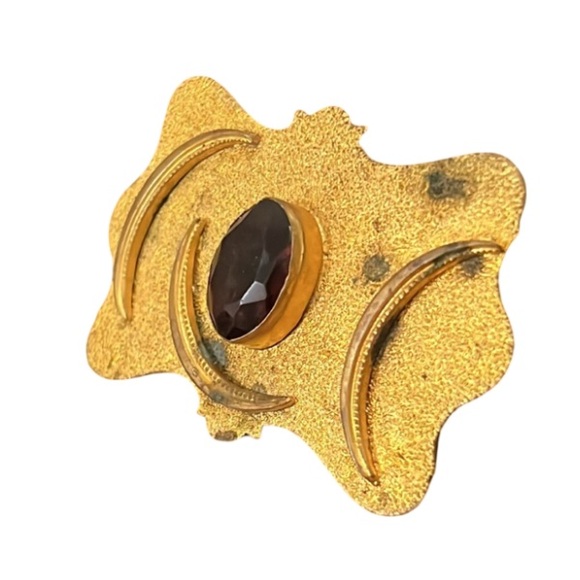 Antique Victorian Gold Plated Amethyst Crystal Stone Brooch W Crescent Moons - Picture 5 of 8